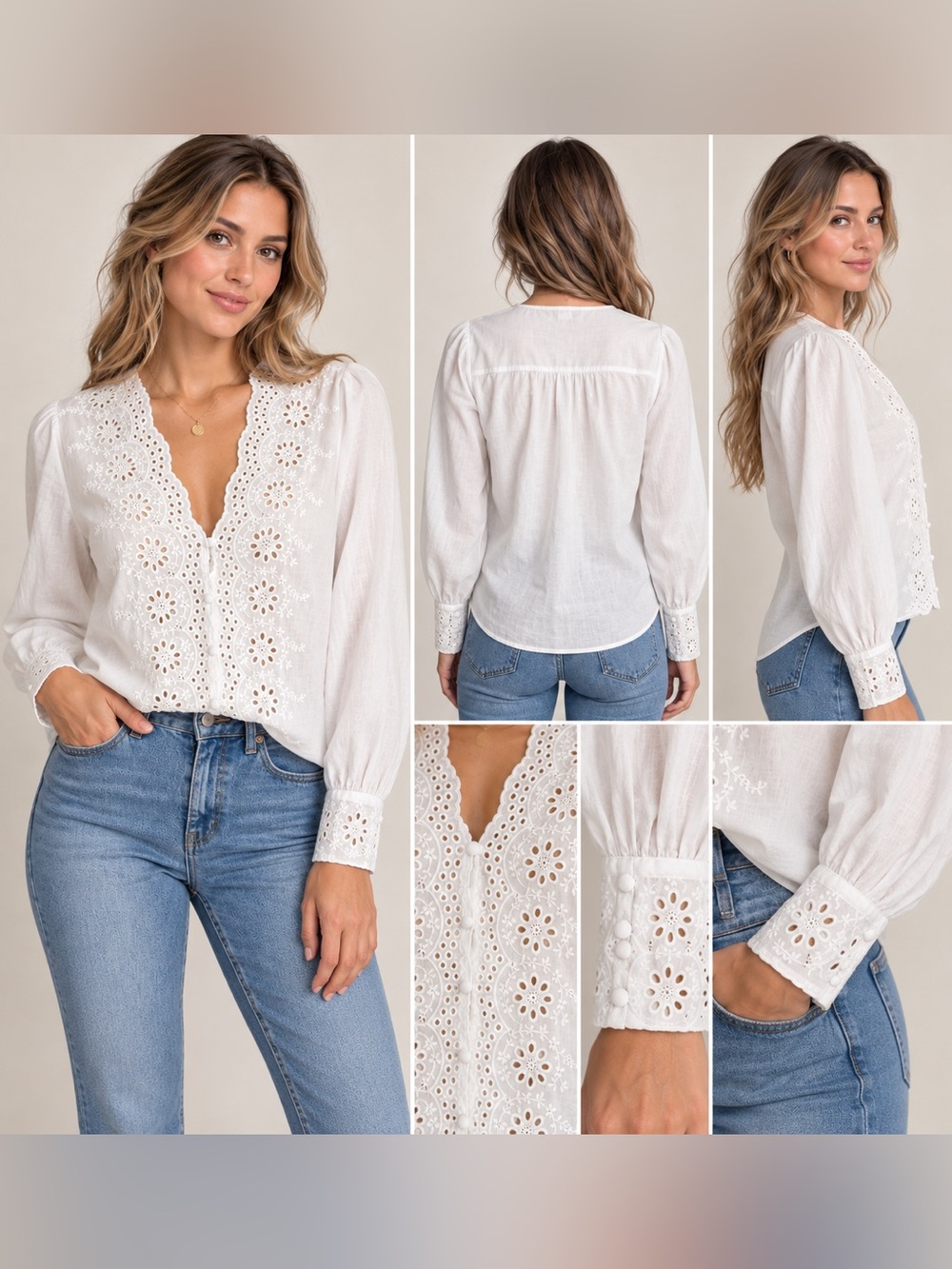 Easy Clothes White Eyelet V-Neck Blouse Scallop Trim Long Sleeve S/M
